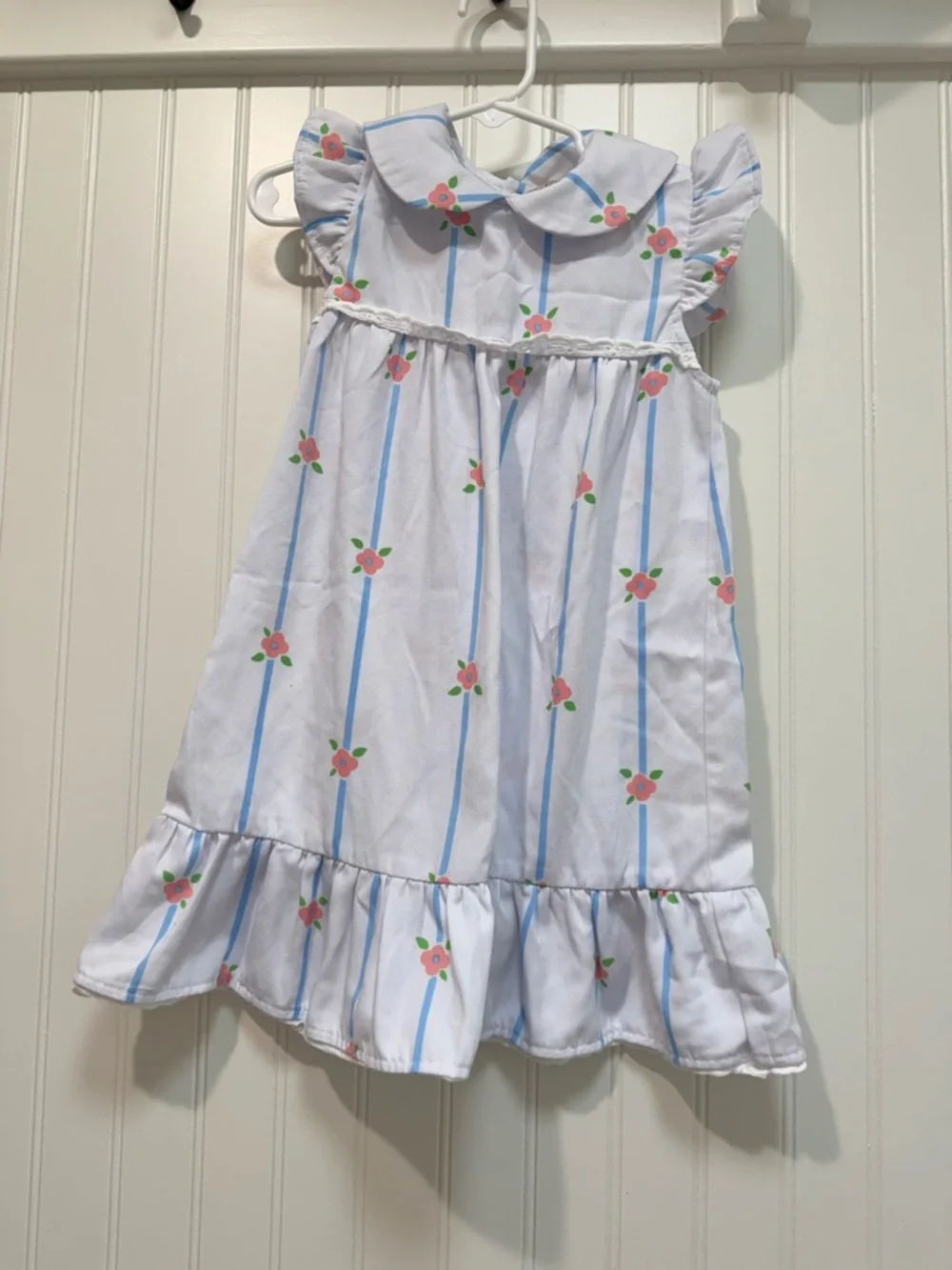 The Beaufort Bonnet Company White Dress with Blue Stripes and Pink Floral Trim